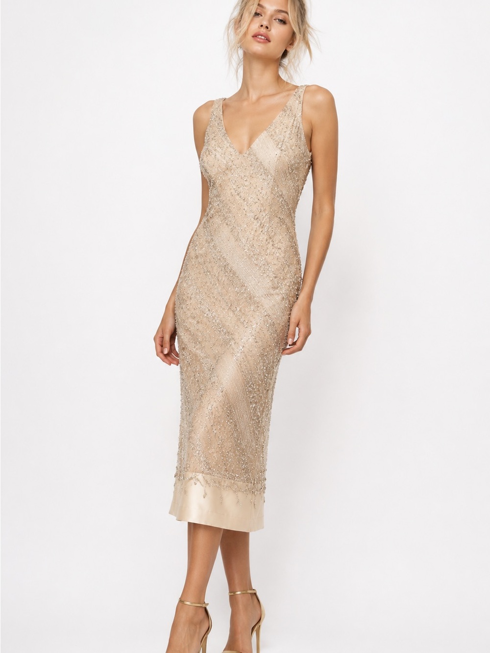 Alberto Makali Champagne Beaded V-Neck Midi Dress